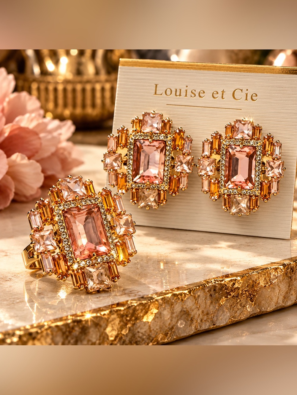 Louise et Cie Pink Crystal Statement Ring & Clip Earrings Set Size 7 NWT